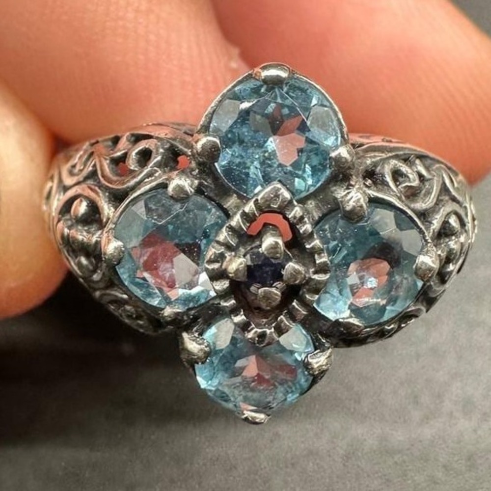 Art Deco Revival Sterling Silver Blue Topaz Sapphire Ring Floral Cluster Size 8